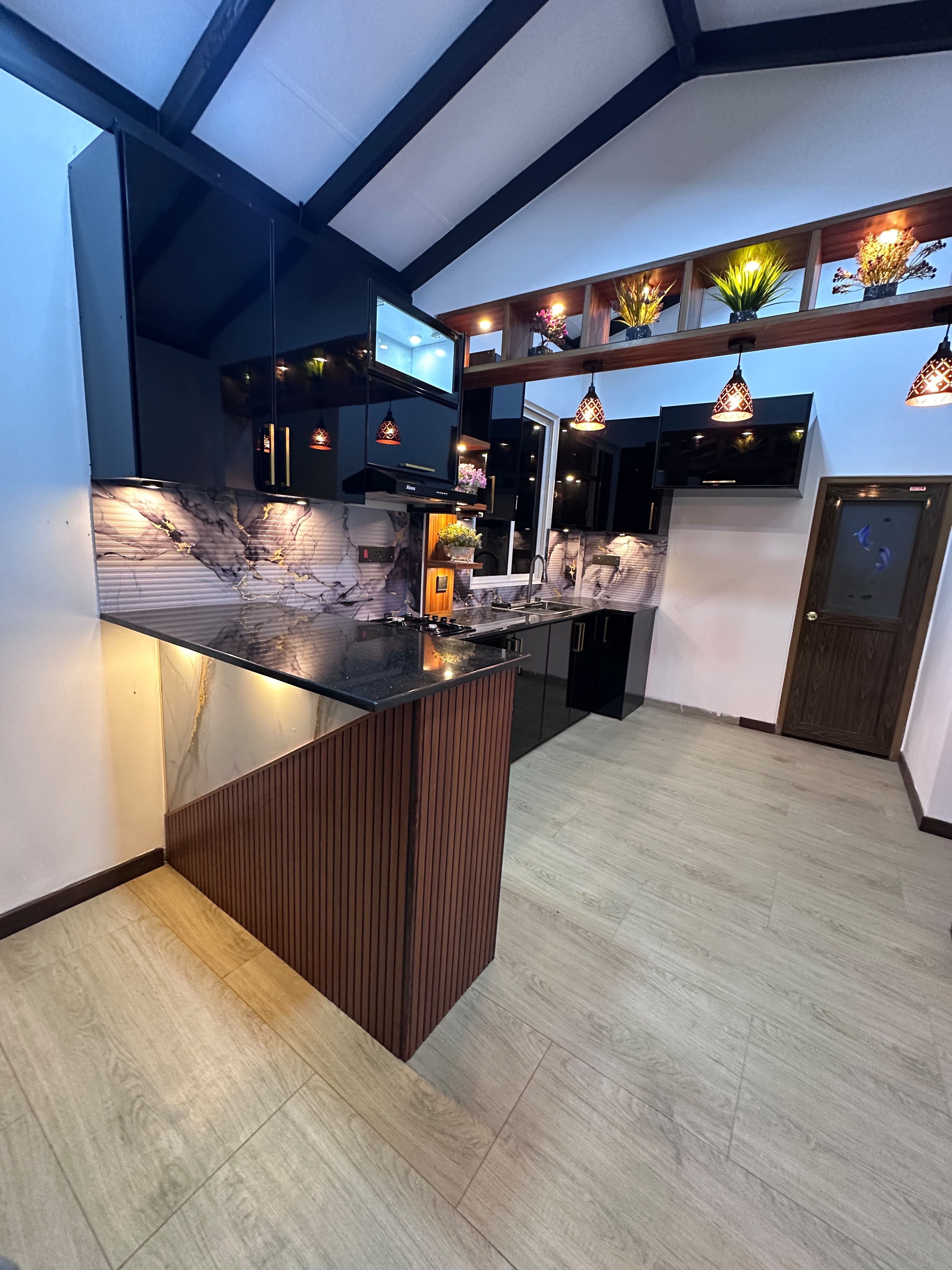 Modern kitchen with island and pendant lighting